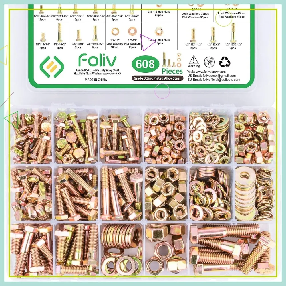 608pcs Grade 8 Bolts and Nuts Assortment Kit, SAE Sizes 1/4-20 to 1/2-13 with Washers
608pcs Grade 8 Bolts and Nuts Assortment Kit, SAE Sizes 1/4-20 to 1/2-13 with Washers