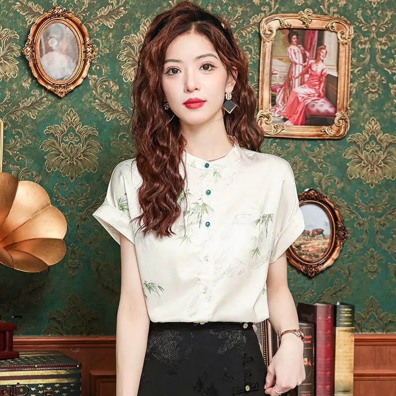 Hangzhou Silk Shirt Women Short Sleeve Summer New Fashion Print Loose Matching Mulberry Silk Blouse 
Hangzhou Silk Shirt Women Short Sleeve Summer New Fashion Print Loose Matching Mulberry Silk Blouse