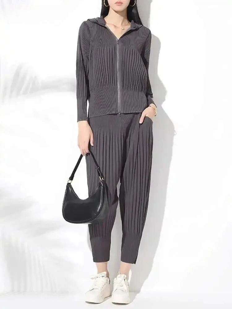Pleated Pants Set Women's Hooded Full Sleeve Zip Jacket + Pencil Pants Solid Colour Casual Miyake Summer New 2025 Clothing
Pleated Pants Set Women's Hooded Full Sleeve Zip Jacket + Pencil Pants Solid Colour Casual Miyake Summer New 2025 Clothing