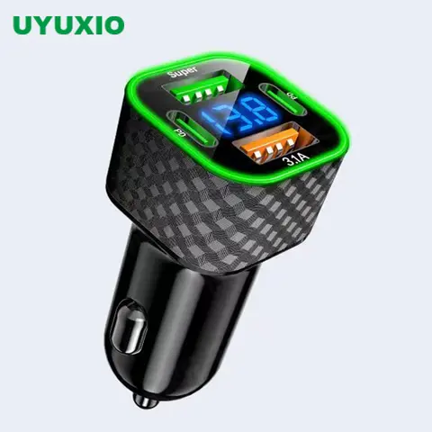 UYUXIO Dual USB C Car Charger with Voltage Display Super Fast Charging Adapter 4 in 1 for iPhone Samsung Xiaomi Oppo Vivo Huawei