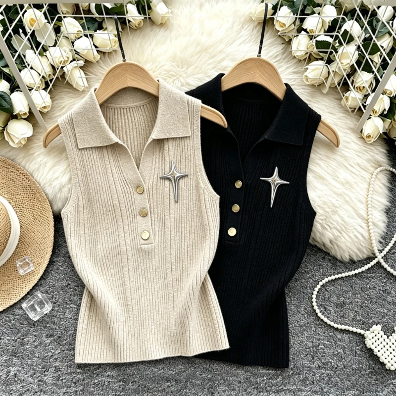 2026 New Spring Summer Women Polo Collar Sleeveless Knitted Stretchy Vest Metal Star Decoration Solid Color Vest Crop Tops
2026 New Spring Summer Women Polo Collar Sleeveless Knitted Stretchy Vest Metal Star Decoration Solid Color Vest Crop Tops