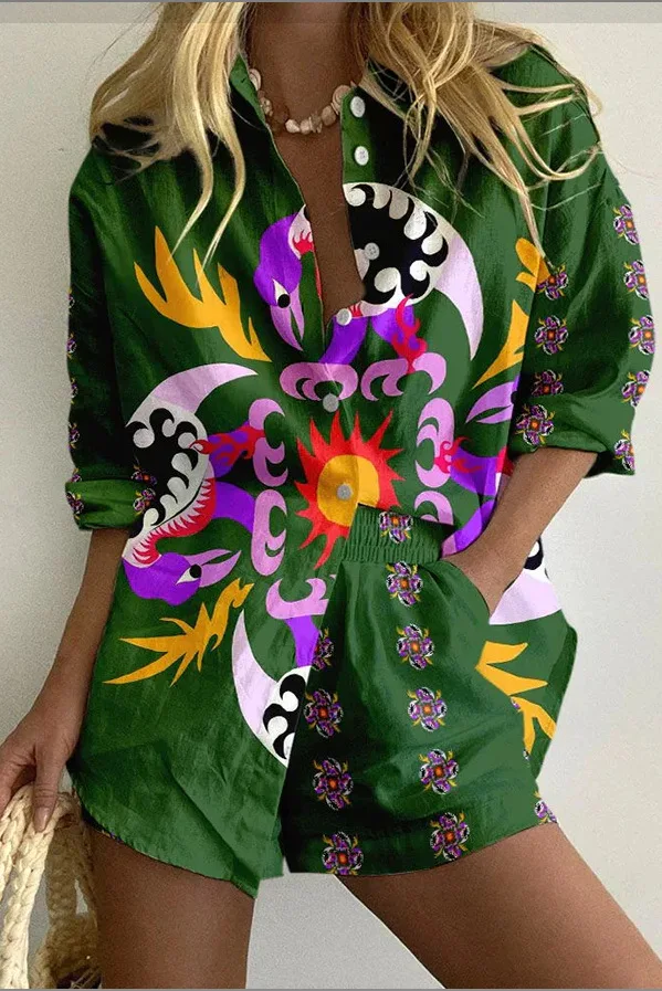 Womens Fashion Printed Set Beach Vacation Style Two-Piece Set Women's Short Sleeve Shirt Wide Leg Shorts Loose Two-Piece Set Set
Womens Fashion Printed Set Beach Vacation Style Two-Piece Set Women's Short Sleeve Shirt Wide Leg Shorts Loose Two-Piece Set Set