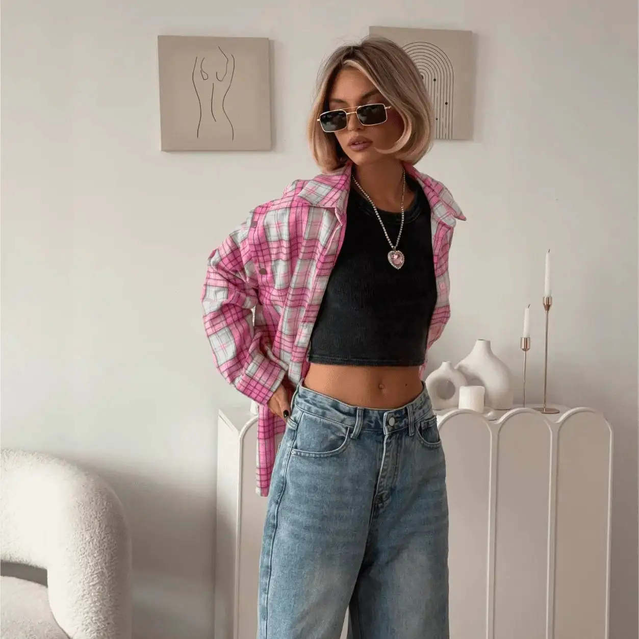 Pink Plaid Loose Women's Shirt Long Sleeve Turn-down Collar Detachable Outerwear Commute Style Spring Collection
Pink Plaid Loose Women's Shirt Long Sleeve Turn-down Collar Detachable Outerwear Commute Style Spring Collection