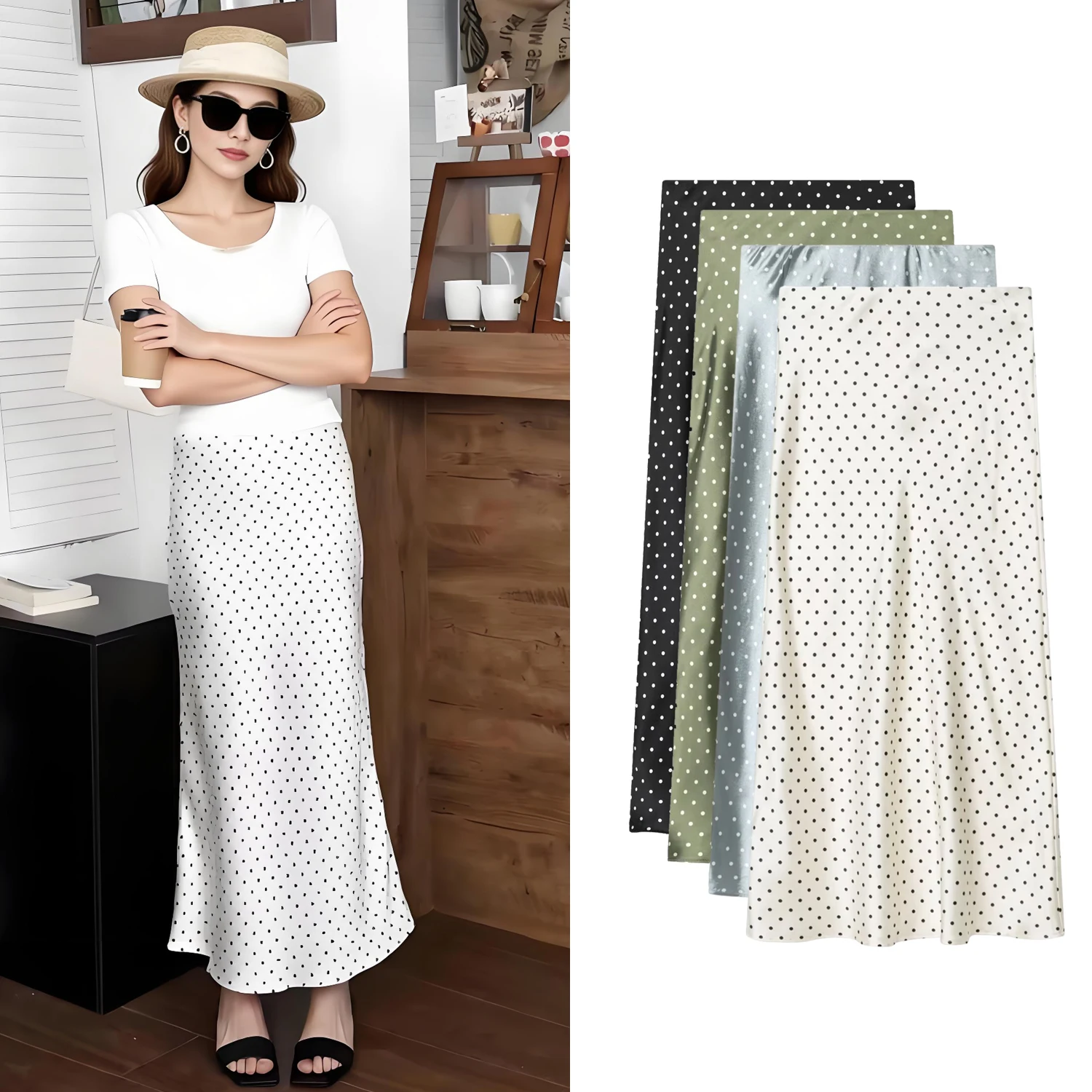 Women White Vintage Polka Dot Satin Skirts Spring Summer High Waist Casual Mid Length Skirts Lady Elegant Party Skirts
Women White Vintage Polka Dot Satin Skirts Spring Summer High Waist Casual Mid Length Skirts Lady Elegant Party Skirts