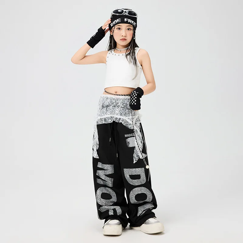 Kid Kpop Hip Hop Clothing White Rivet Crop Tank Top Black Casual Wide Leg Letter Sweat Pants for Girl Jazz Dance Costume Clothes 
Kid Kpop Hip Hop Clothing White Rivet Crop Tank Top Black Casual Wide Leg Letter Sweat Pants for Girl Jazz Dance Costume Clothes