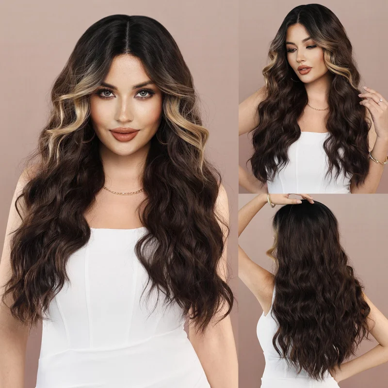 T-shaped front lace for women, brown with golden highlights, middle-parted wavy long curly synthetic hair wig
T-shaped front lace for women, brown with golden highlights, middle-parted wavy long curly synthetic hair wig