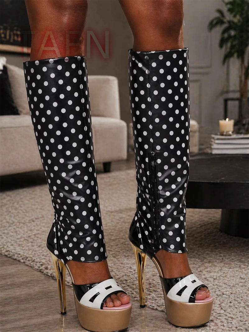 Women's Knee High Platform Heeled Boots, Black & White Polka Dot Print Stiletto Boots,Trendy Women's Party Shoes,Big Size Shoes
Women's Knee High Platform Heeled Boots, Black & White Polka Dot Print Stiletto Boots,Trendy Women's Party Shoes,Big Size Shoes