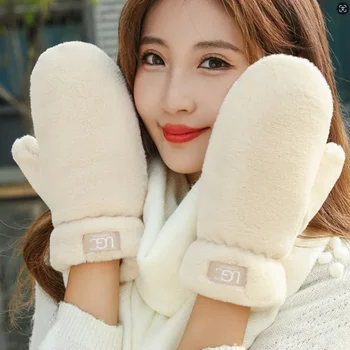 여성용 사랑스러운 부드러운 플러시 푹신한 장갑, 따뜻한 모피 장갑, 방풍 두꺼운 벙어리 장갑, 야외 사이클링 장갑, 겨울