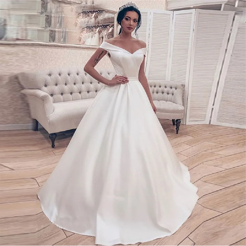 Simple Elegant White Ivory Satin Princess Wedding Dress A Line Corset Off Shoulder Bridal Gown Long vestidos de novia
Simple Elegant White Ivory Satin Princess Wedding Dress A Line Corset Off Shoulder Bridal Gown Long vestidos de novia