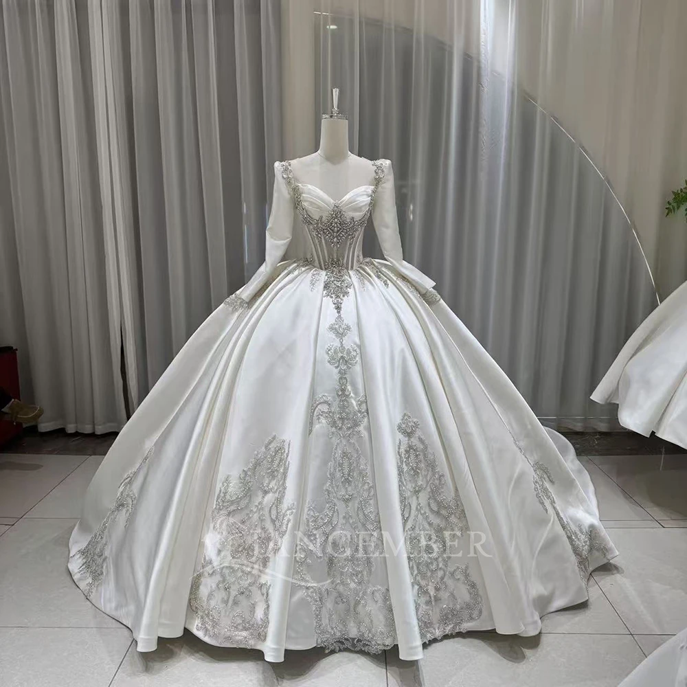 Gorgeous Satin Wedding Dresses Customized O Neck Long Sleeves Back Lace up Court Train Woman Bridal Gown vestidos de novia boda
Gorgeous Satin Wedding Dresses Customized O Neck Long Sleeves Back Lace up Court Train Woman Bridal Gown vestidos de novia boda