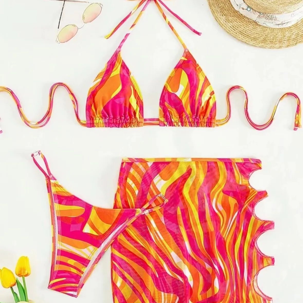 Colorful Print 3-Piece Bikini Set with Cover-Up Skirt Women's Swimwear
Colorful Print 3-Piece Bikini Set with Cover-Up Skirt Women's Swimwear