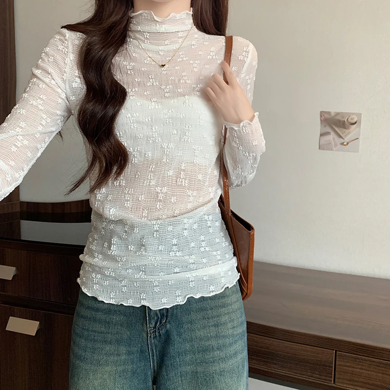 Women Lace Bottom Shirts Spring Autumn Sexy Mesh Lace T-shirts Turtleneck Blouse Transparent Long Sleeve Slim Fit Basic Tops
Women Lace Bottom Shirts Spring Autumn Sexy Mesh Lace T-shirts Turtleneck Blouse Transparent Long Sleeve Slim Fit Basic Tops