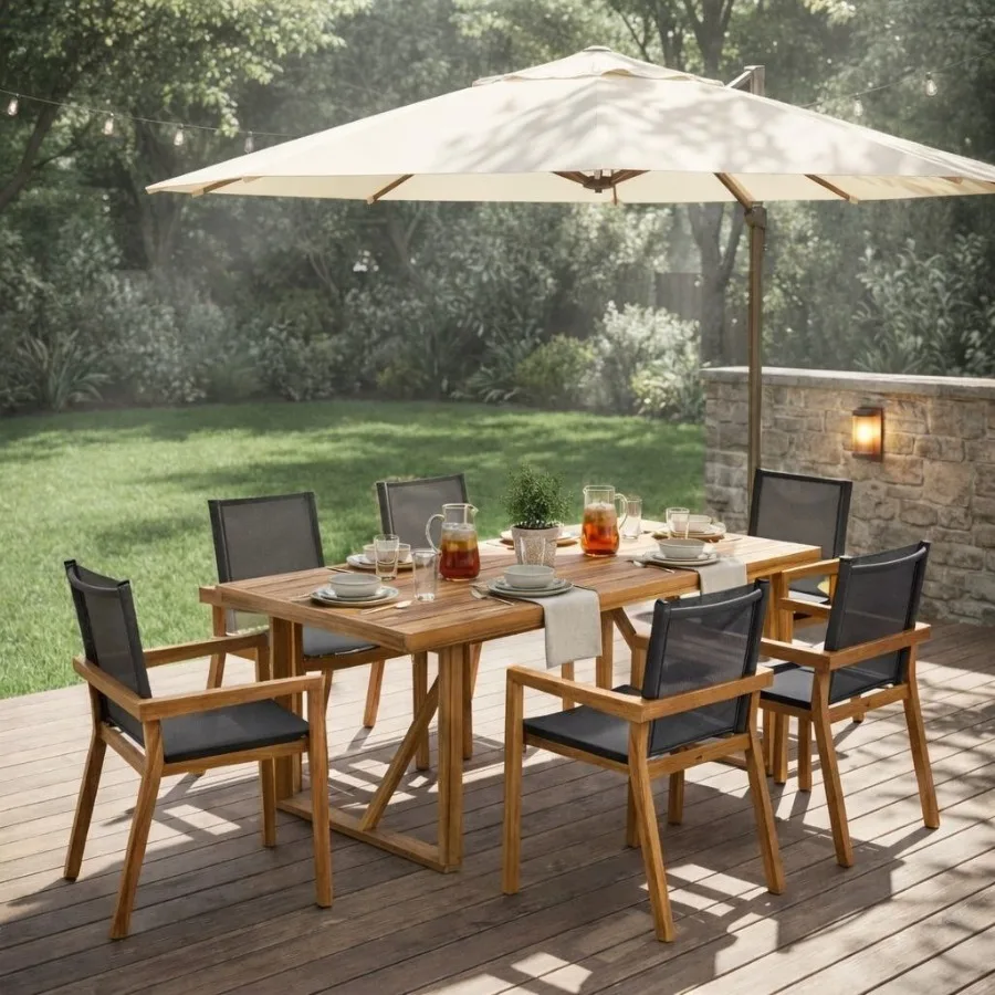 Outdoor dining set for lawn, backyard, garden deck, poolside: 7-piece acacia wood furniture in natural brown, weather-resistant
Outdoor dining set for lawn, backyard, garden deck, poolside: 7-piece acacia wood furniture in natural brown, weather-resistant