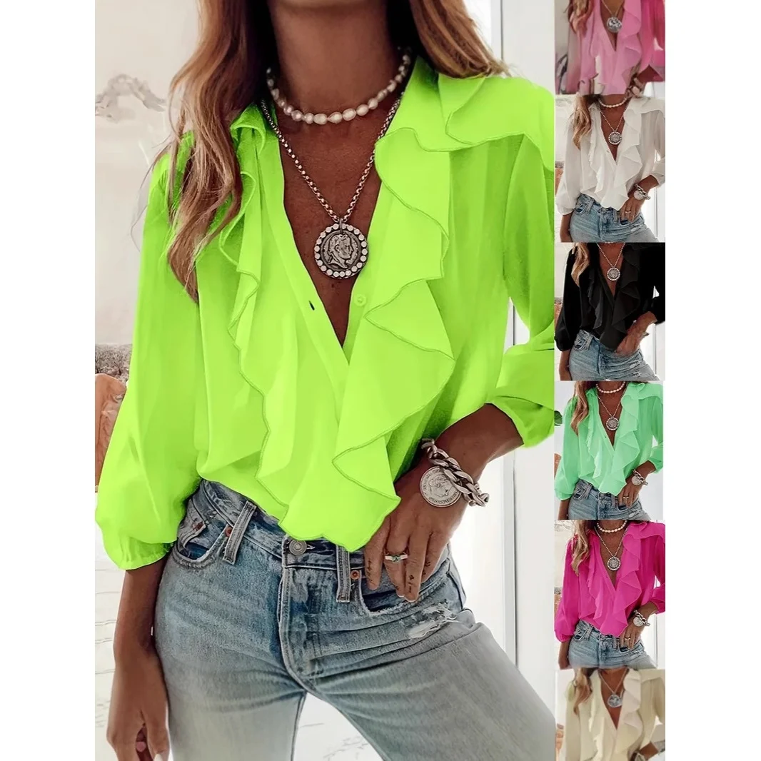 Women's Long Sleeve V-Neck Chiffon Shirt 2025 Fashionable Elegant Style Bubble Sleeve Pure Color Single Button Closure Top
Women's Long Sleeve V-Neck Chiffon Shirt 2025 Fashionable Elegant Style Bubble Sleeve Pure Color Single Button Closure Top