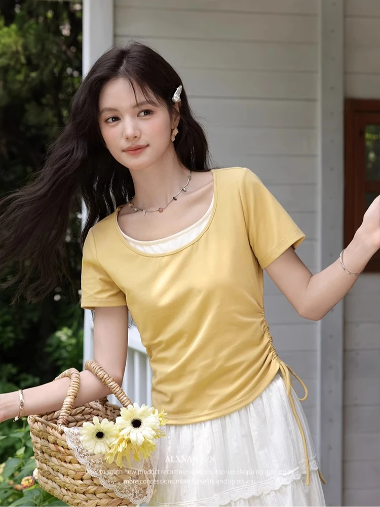 ALXNAN Women's Yellow T-shirt Fake Two Piece Elegant T-Shirt 2025 Summer Casual Slim-fit Office Lady Short Sleeve Tops L559118
ALXNAN Women's Yellow T-shirt Fake Two Piece Elegant T-Shirt 2025 Summer Casual Slim-fit Office Lady Short Sleeve Tops L559118