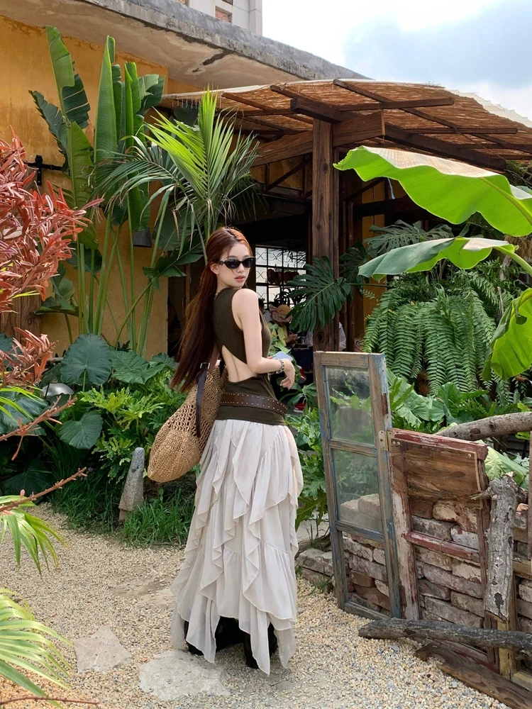Pure Desire Hollow out Backless Top And Asymmetrical Skirt Set Women's Summer Fashion Two-Piece Set High Waist Flounce Hem
Pure Desire Hollow out Backless Top And Asymmetrical Skirt Set Women's Summer Fashion Two-Piece Set High Waist Flounce Hem