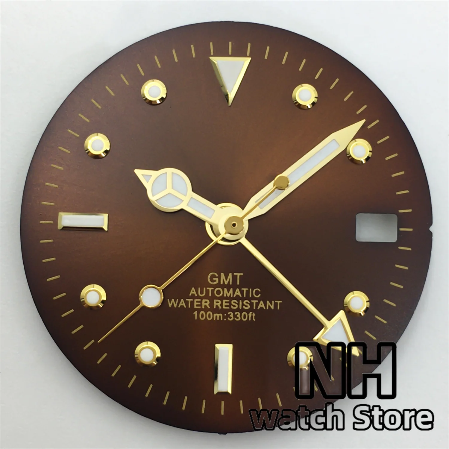 28.8mm Brown Coffee Dial With Gold Edge Time Marks Green Luminous For NH34 NH35 Movement Date Window 
28.8mm Brown Coffee Dial With Gold Edge Time Marks Green Luminous For NH34 NH35 Movement Date Window