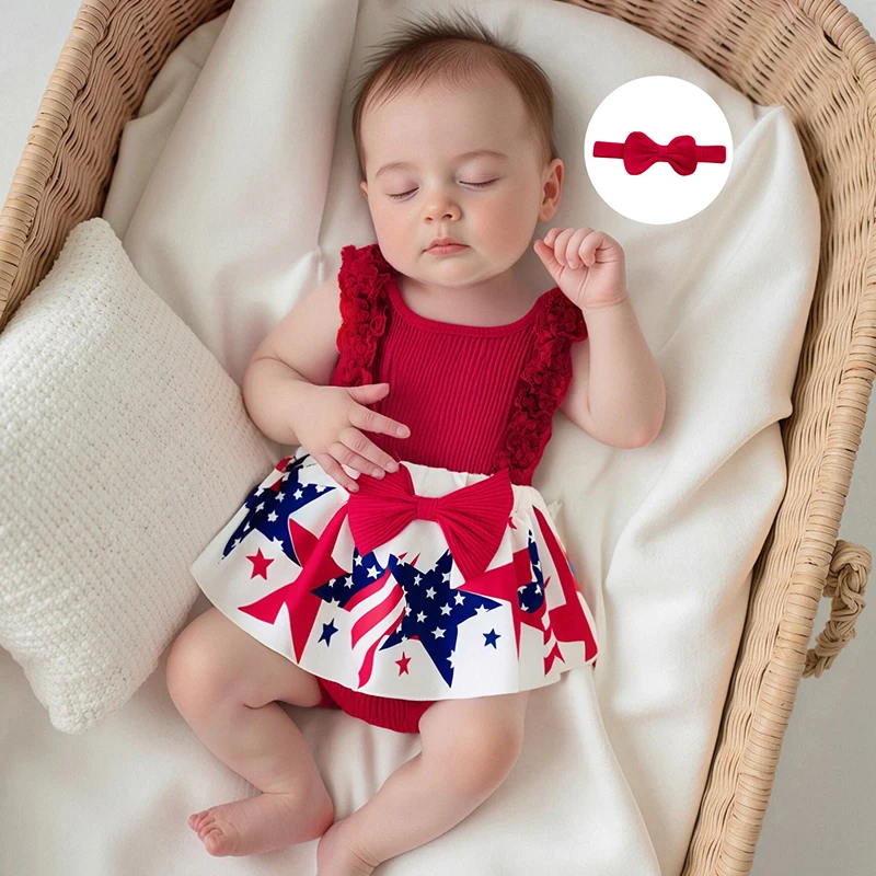 Infant Girls Patriotic Romper Dress with Headband Sleeveless Stars and Stripes Bodysuit for 4th of July Celebration
Infant Girls Patriotic Romper Dress with Headband Sleeveless Stars and Stripes Bodysuit for 4th of July Celebration