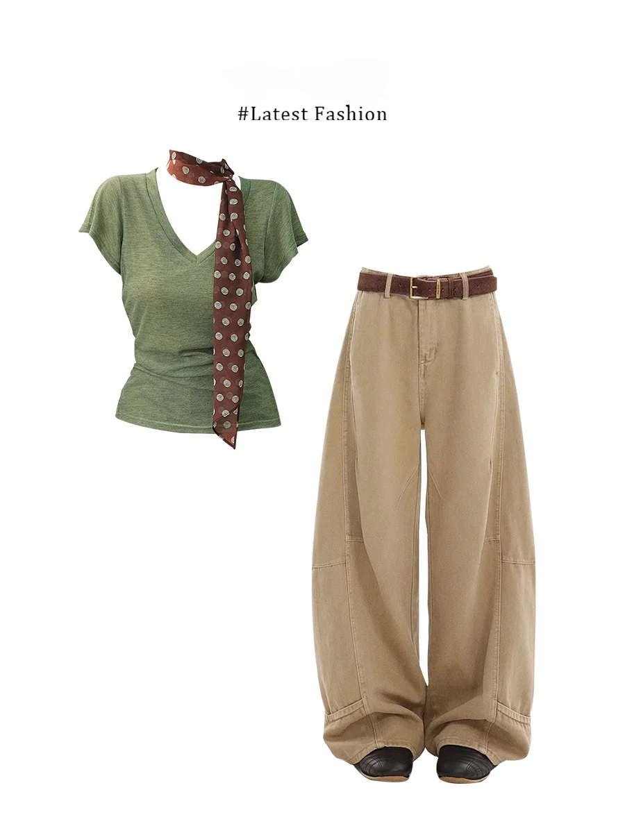 Parkyeon Summer New Lazy Style Green V-Neck T-Shirt High Waist Wide Leg Pants Elegant Two-Piece Set Breathable Lightweight ...
Parkyeon Summer New Lazy Style Green V-Neck T-Shirt High Waist Wide Leg Pants Elegant Two-Piece Set Breathable Lightweight ...