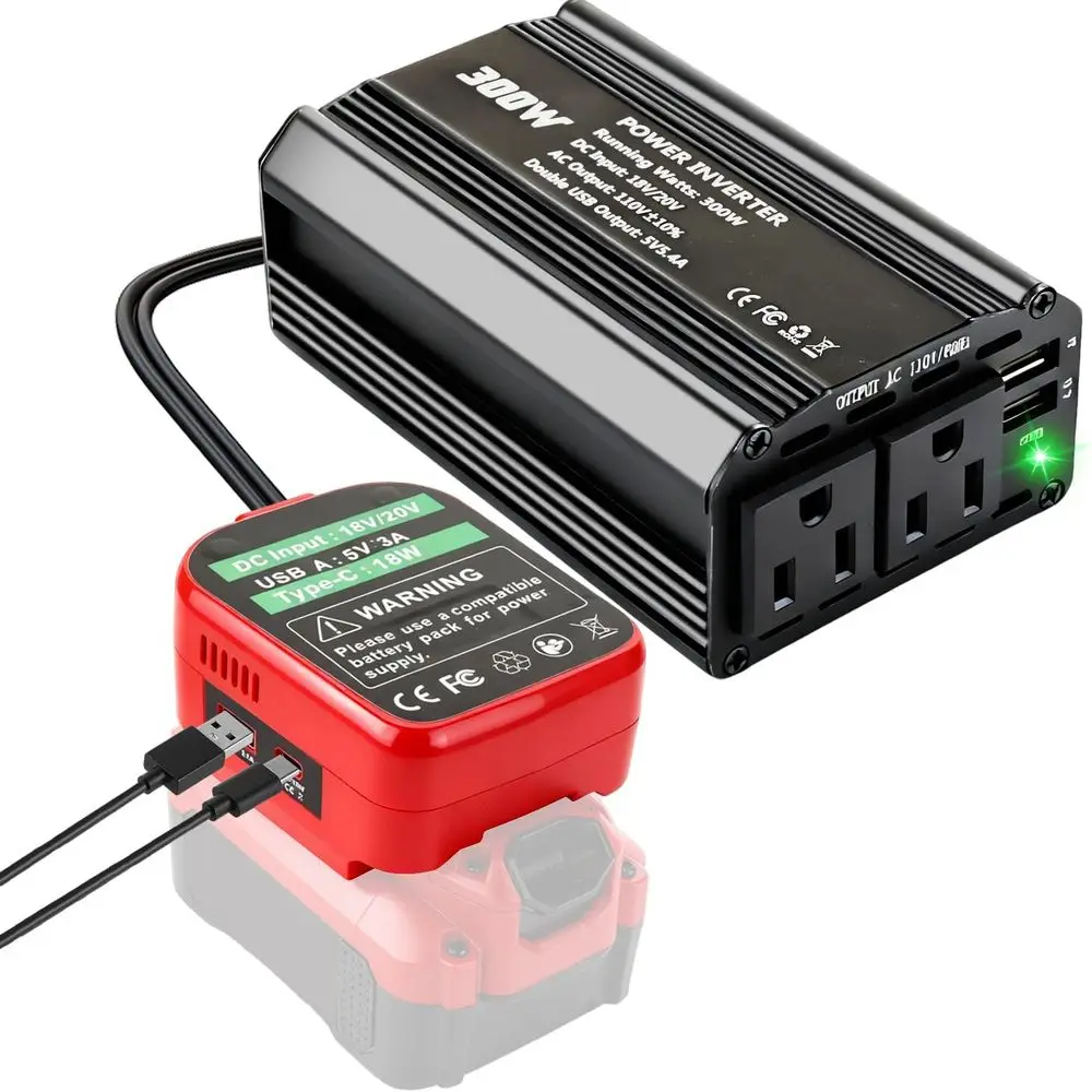 300W Power Inverter, DC 20V to AC 110-120V, Portable Battery Adapter Converter with 3 USB & 1 Type-C & 2 AC Outlets for Outdoor
300W Power Inverter, DC 20V to AC 110-120V, Portable Battery Adapter Converter with 3 USB & 1 Type-C & 2 AC Outlets for Outdoor