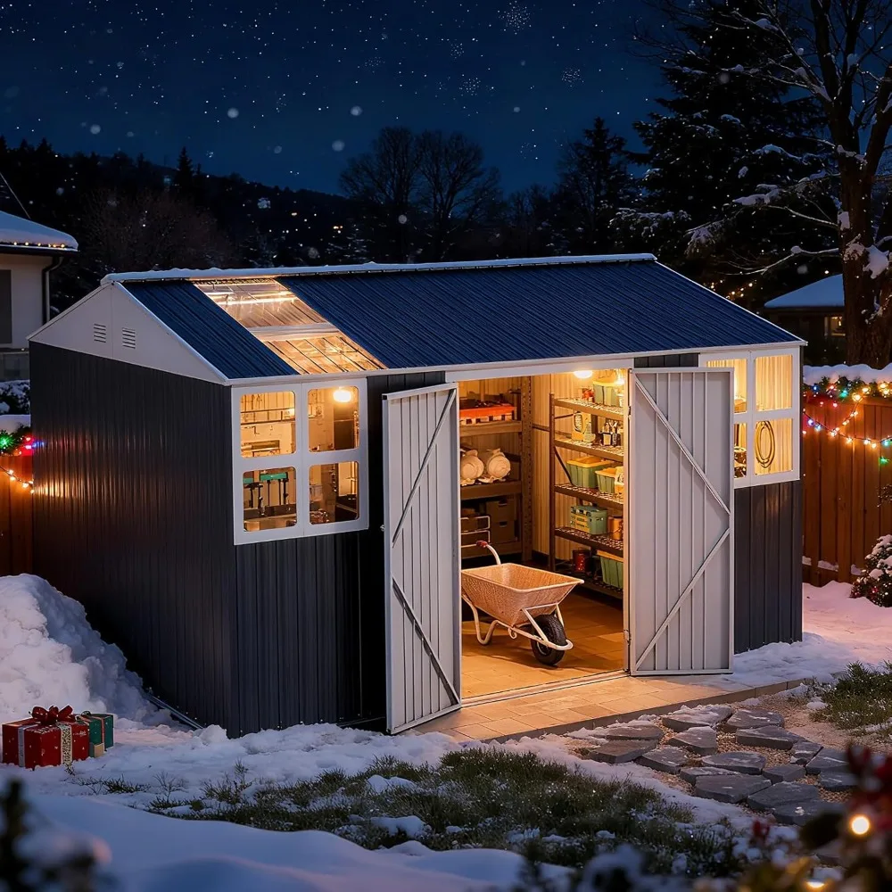 12x10 FT Metal Sheds & Outdoor Storage with Floor: Heavy Duty Garden Sheds with Dual Transparent Roof Panels, 2x4-Pane Windows
12x10 FT Metal Sheds & Outdoor Storage with Floor: Heavy Duty Garden Sheds with Dual Transparent Roof Panels, 2x4-Pane Windows