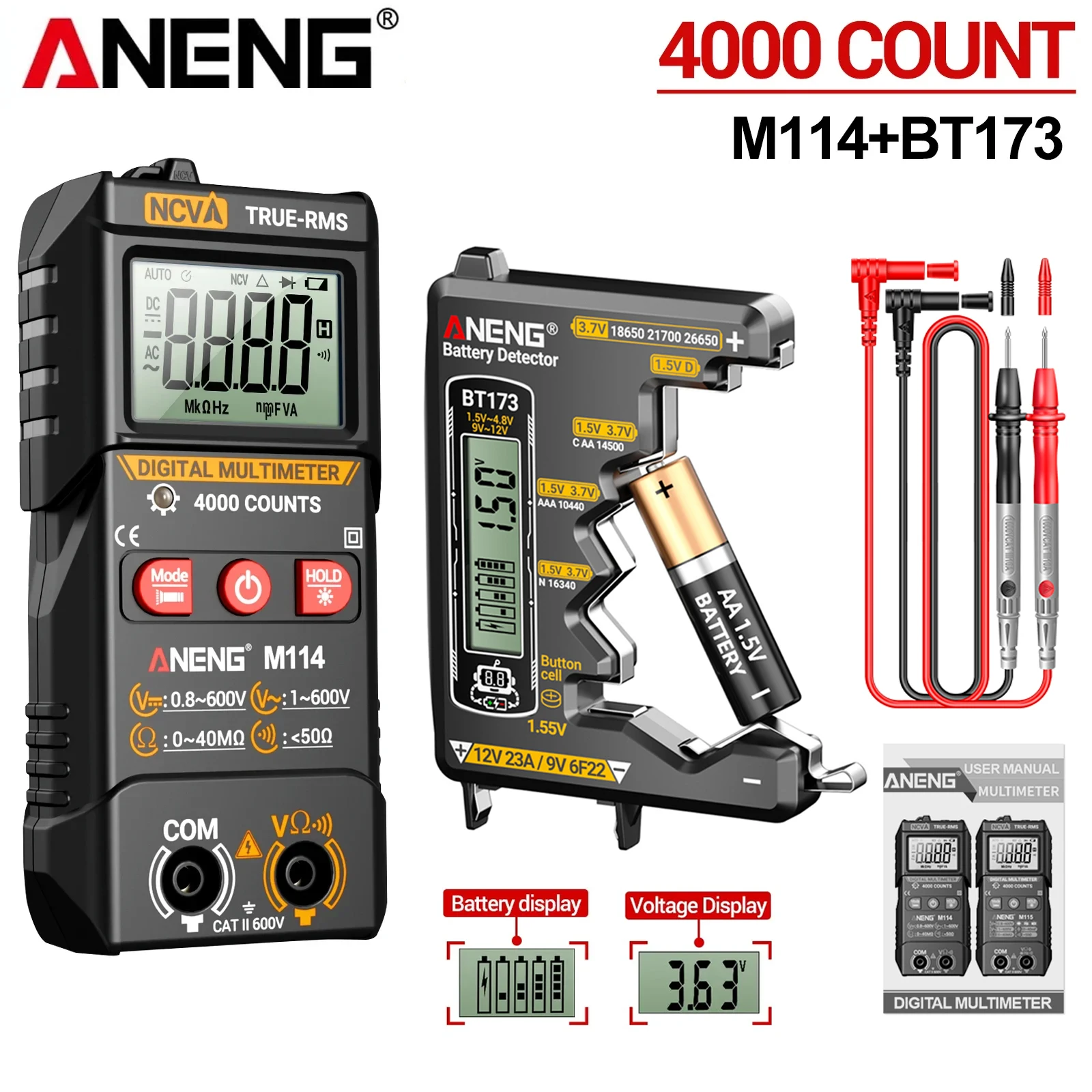 ANENG Mini Smart Digital Multimeter Profesional Tester Auto NCV Resistance Beep M114+BT173 Battery Tester Electrician Kit Tools
ANENG Mini Smart Digital Multimeter Profesional Tester Auto NCV Resistance Beep M114+BT173 Battery Tester Electrician Kit Tools