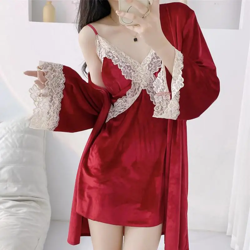 Velour Lace 2PCS Robe Set Women Kimono Bathrobe Gown Suit Autumn Winter Velvet Sleepwear Nightgown Home Dress Loungewear
Velour Lace 2PCS Robe Set Women Kimono Bathrobe Gown Suit Autumn Winter Velvet Sleepwear Nightgown Home Dress Loungewear