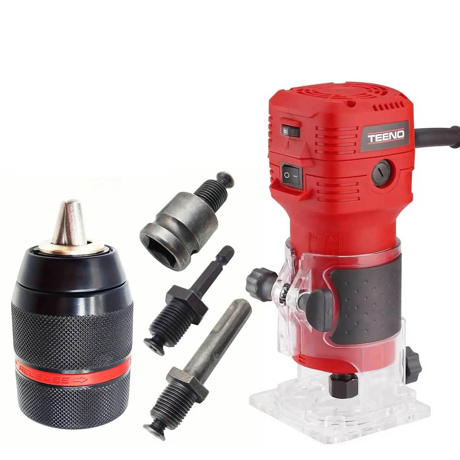 2-13mm Keyless Metal Drill Chuck Set with Adapters; Plus 650W Electric Wood Trimmer/Router with 6-Speed Control & 12pcs Bit Set. The Ideal All-in-One Power Tool Combo for Precision Drilling, Woodworking & Edge Routing.
2-13mm Keyless Metal Drill Chuck Set with Adapters; Plus 650W Electric Wood Trimmer/Router with 6-Speed Control & 12pcs Bit Set. The Ideal All-in-One Power Tool Combo for Precision Drilling, Woodworking & Edge Routing.