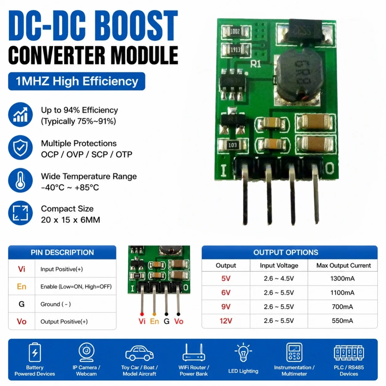 DC-DC 3V 3.3V 3.7V 4.2V 5V to 5V 6V 9V 12V Step-up Boost Converter Voltage Regulate Power Supply Module Board with Enable ON/OFF
DC-DC 3V 3.3V 3.7V 4.2V 5V to 5V 6V 9V 12V Step-up Boost Converter Voltage Regulate Power Supply Module Board with Enable ON/OFF
