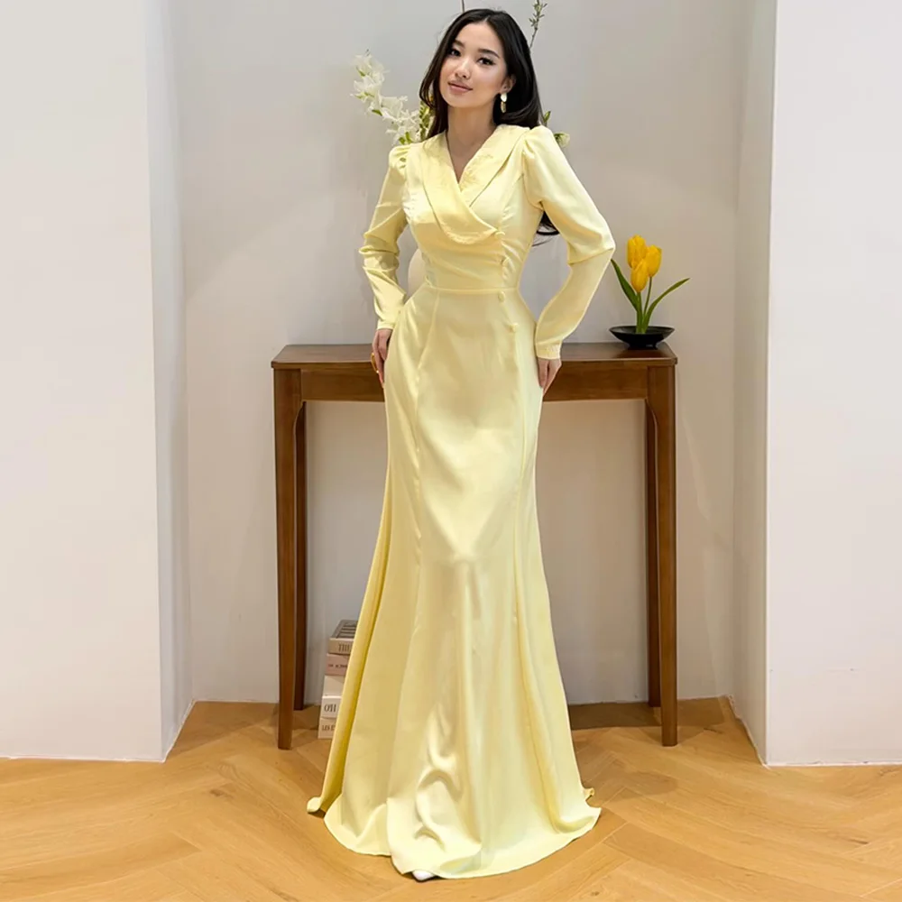 V-Neck Long Sleeves Mermaid Evening Dress Customized Temperament Satin Celebrity Gowns Formal Buttons Sweep Train Party Dress
V-Neck Long Sleeves Mermaid Evening Dress Customized Temperament Satin Celebrity Gowns Formal Buttons Sweep Train Party Dress