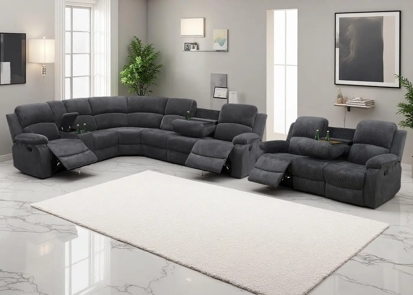 9-Seat Corduroy Reclining Sectional Sofa with Storage Cupholders Coffee Table Grey, Customized
9-Seat Corduroy Reclining Sectional Sofa with Storage Cupholders Coffee Table Grey, Customized