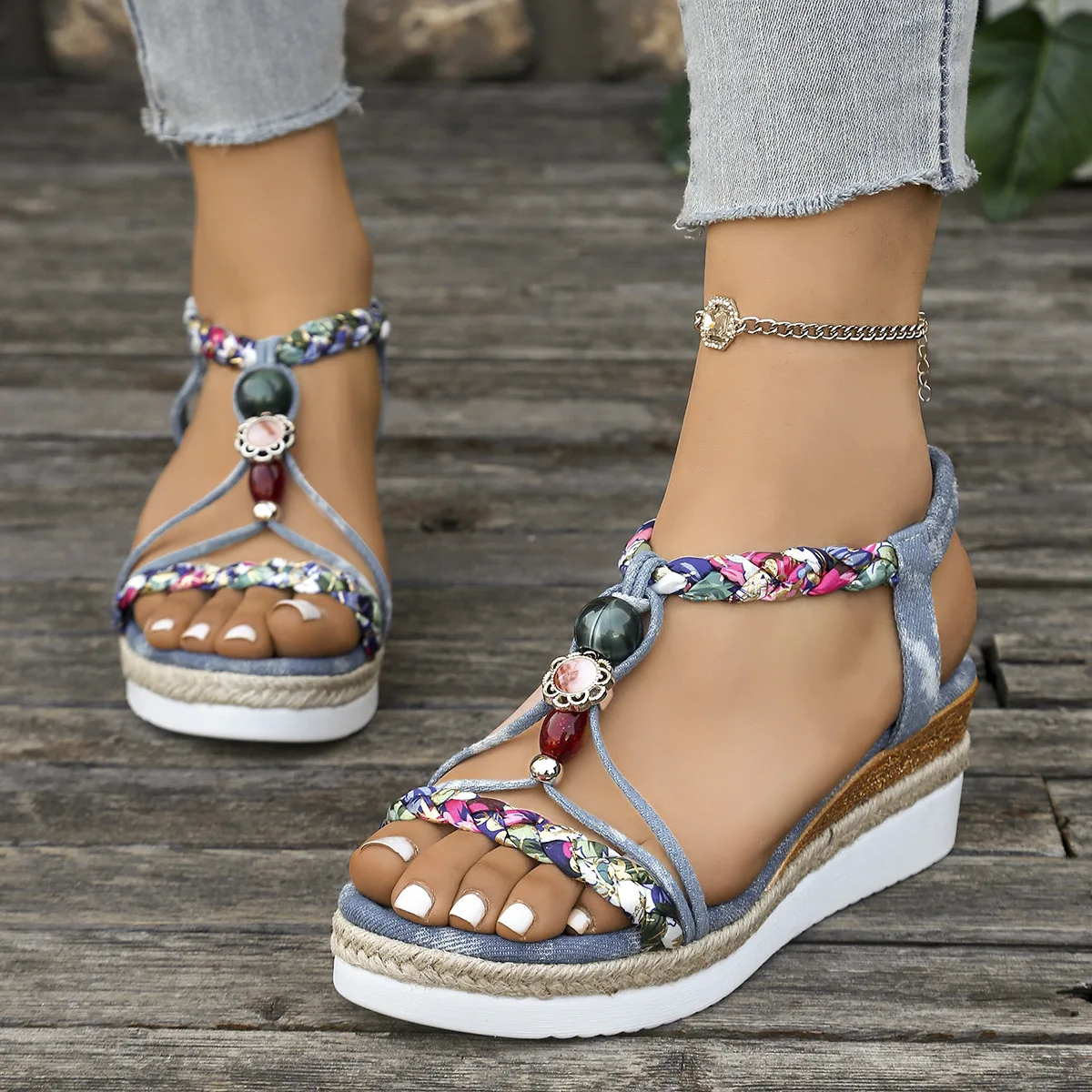 Plus-size One-strap Wedge Sandals For Summer, Bohemian Style, Round-toed, Thick-soled High-heeled Sandals For Women Elegant
Plus-size One-strap Wedge Sandals For Summer, Bohemian Style, Round-toed, Thick-soled High-heeled Sandals For Women Elegant