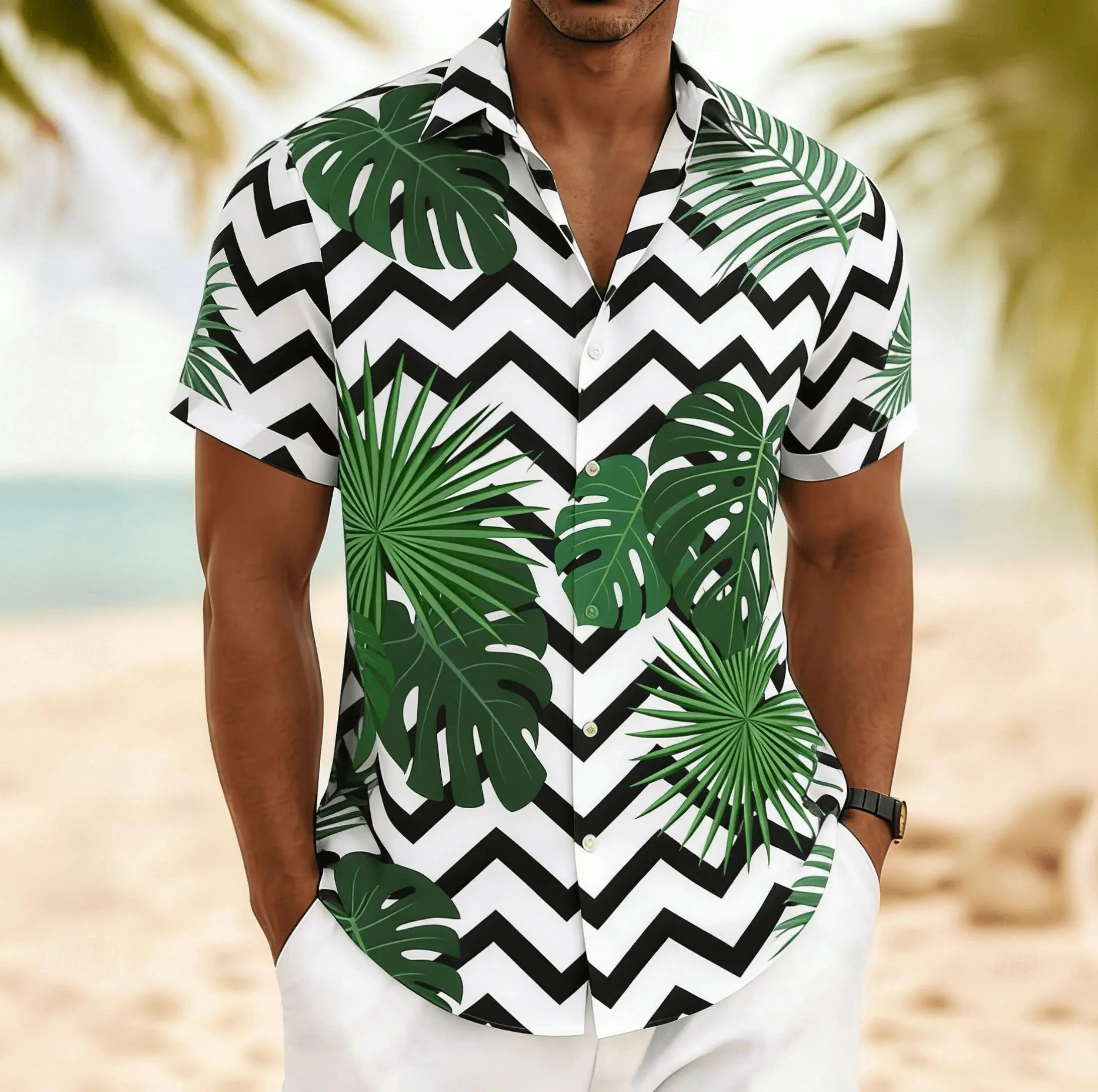 Men's Chevron Tropical Monstera Palm Leaf Print Short Sleeve Shirt, Summer Edgy Hawaiian Vacation Blouse, Loose Casual Top
Men's Chevron Tropical Monstera Palm Leaf Print Short Sleeve Shirt, Summer Edgy Hawaiian Vacation Blouse, Loose Casual Top