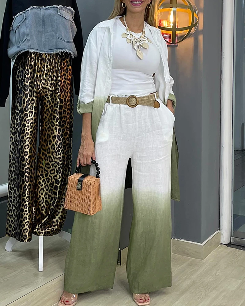 Trousers Sets Women's 2 Pieces Outfit Woman Ombre Print Long Sleeve Blouse & Casual High Waist Wide Leg Pants Set Without Belt
Trousers Sets Women's 2 Pieces Outfit Woman Ombre Print Long Sleeve Blouse & Casual High Waist Wide Leg Pants Set Without Belt