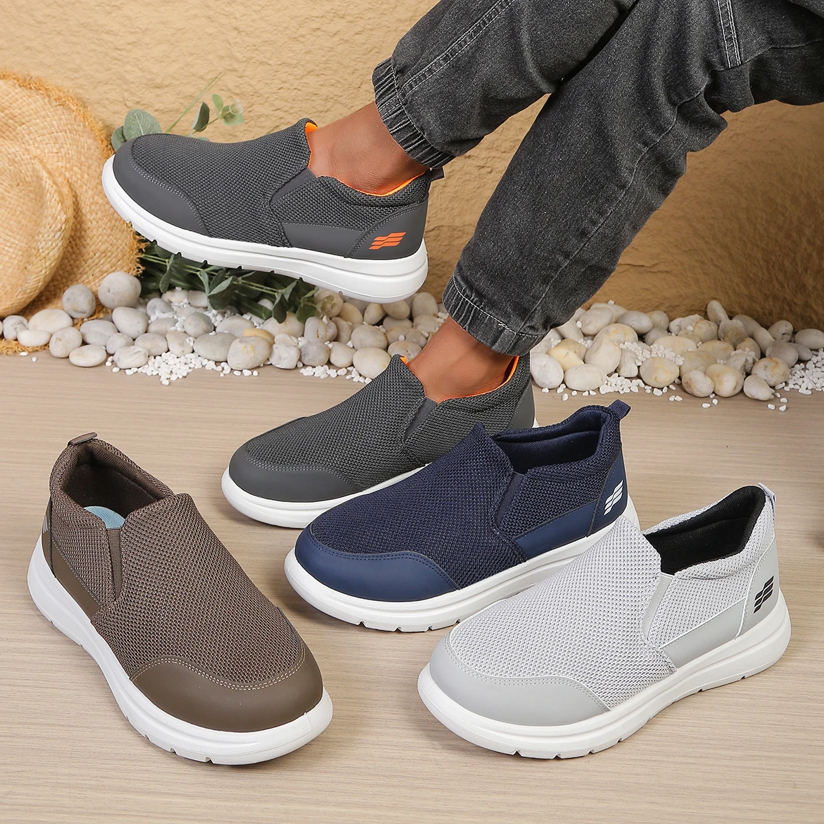 Men's slip-on hollow mesh walking loafers, spliced smooth toe overlay, dual elastic side gussets block segmented white outsole d
Men's slip-on hollow mesh walking loafers, spliced smooth toe overlay, dual elastic side gussets block segmented white outsole d