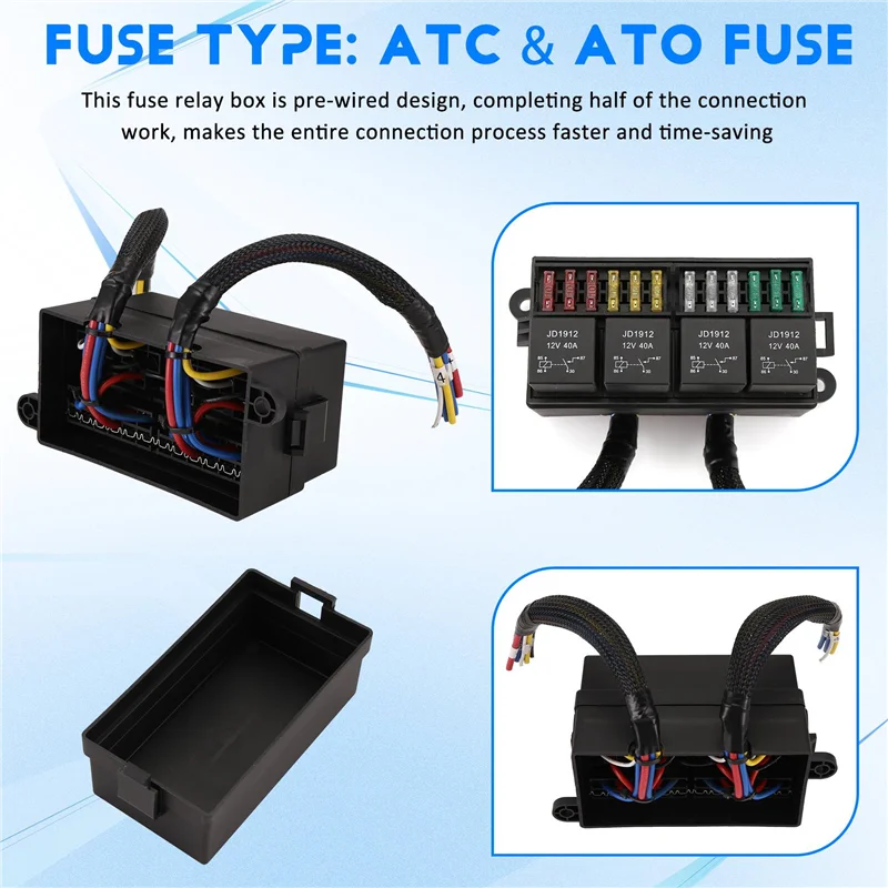 A7THK-2X 12V Car Fuse Relay Box Pre-Wired Fuse And Relay Box With 4 Relay 12 Way ATC/ATO Fuses Sealed 12V Relay Fuse Box
A7THK-2X 12V Car Fuse Relay Box Pre-Wired Fuse And Relay Box With 4 Relay 12 Way ATC/ATO Fuses Sealed 12V Relay Fuse Box