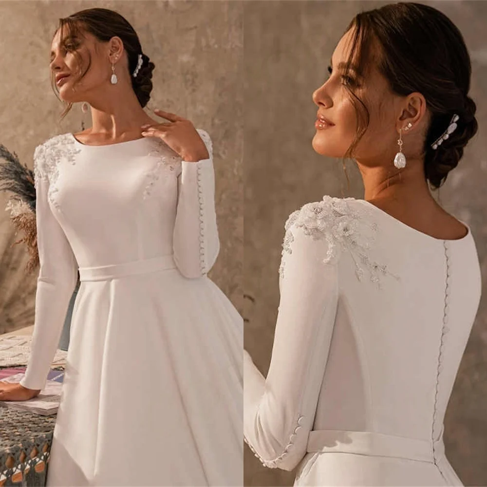 Customized Modern Jersey Wedding Dresses Exquisite O-Neck Long Sleeve Dresses Heavy Industry Wedding Dresses White Gown
Customized Modern Jersey Wedding Dresses Exquisite O-Neck Long Sleeve Dresses Heavy Industry Wedding Dresses White Gown