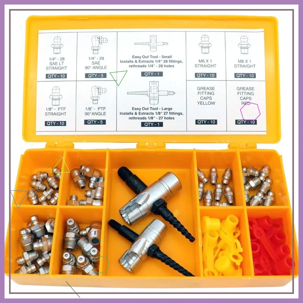 Complete Grease Fitting Replacement Kit - SAE & Metric Zerks, Multi-Tools, Caps
Complete Grease Fitting Replacement Kit - SAE & Metric Zerks, Multi-Tools, Caps