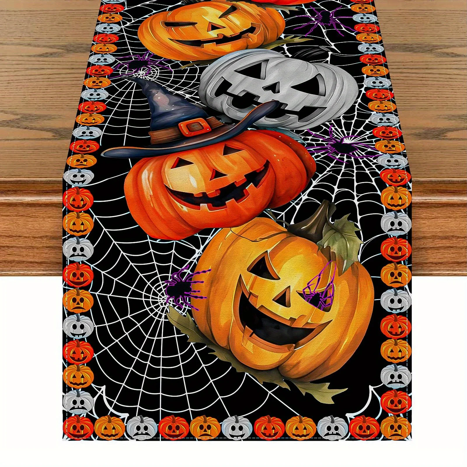 Spooky Halloween Table Runner - Black With Jack-O'-Lantern, Pumpkin & Spiderweb Design | Perfect For Indoor
Spooky Halloween Table Runner - Black With Jack-O'-Lantern, Pumpkin & Spiderweb Design | Perfect For Indoor