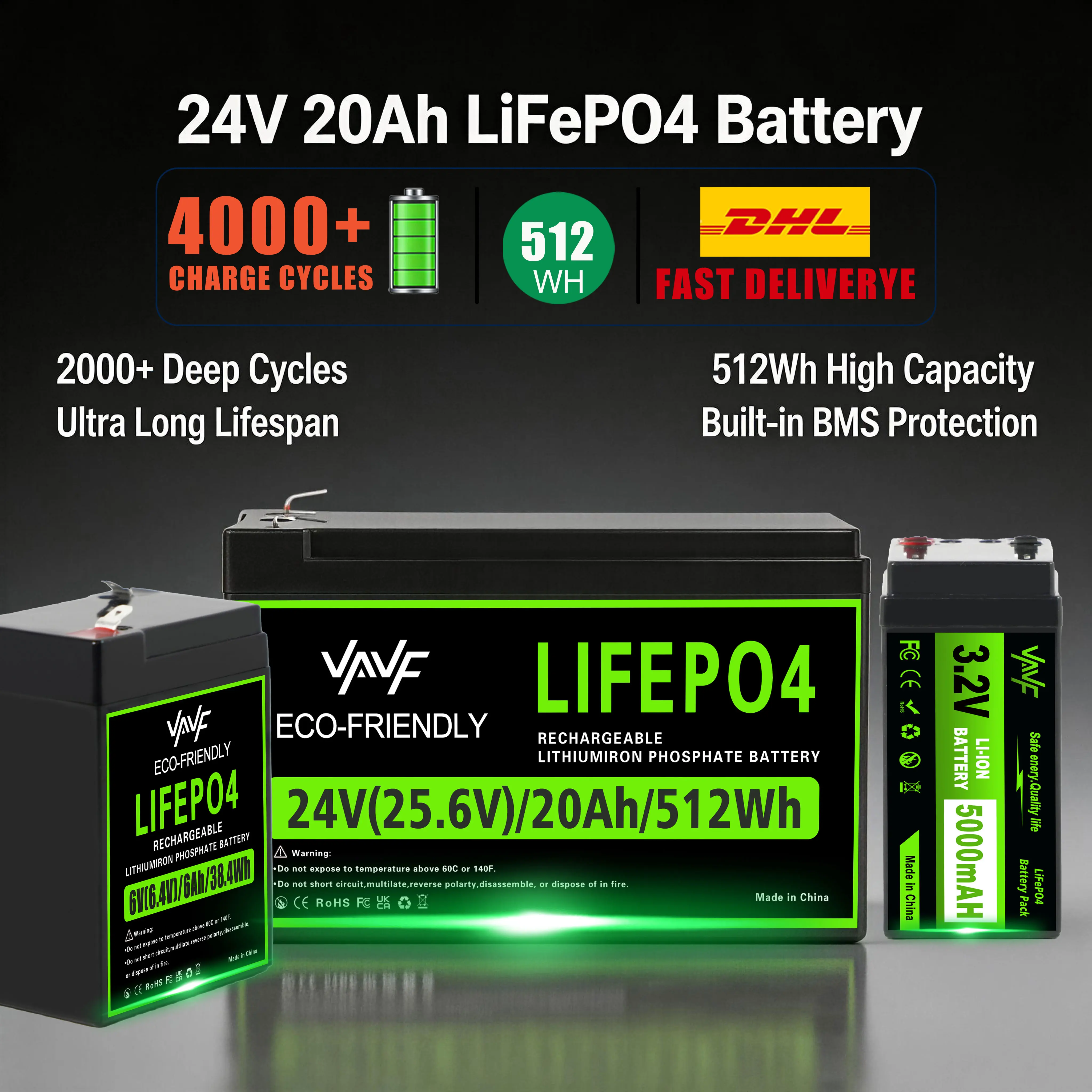 LiFePO4 24V 20000mAh Battery Built-in Protection BMS,4000+Cycles,Fit for Solar Energy Systems,RV/Camper Vans,Marine Boats
LiFePO4 24V 20000mAh Battery Built-in Protection BMS,4000+Cycles,Fit for Solar Energy Systems,RV/Camper Vans,Marine Boats