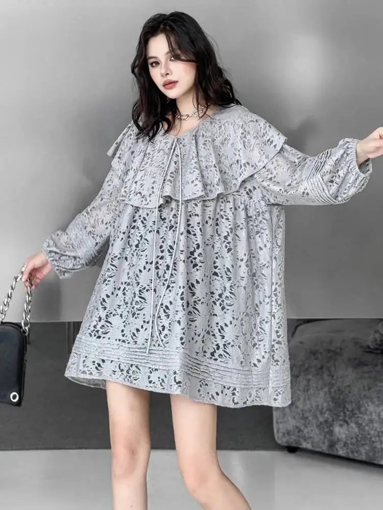 Women Gray Lace Ruffles Elegant Big Size Mini Dress New Ruffled Collar Long Sleeve Fashion Tide Spring Autumn
Women Gray Lace Ruffles Elegant Big Size Mini Dress New Ruffled Collar Long Sleeve Fashion Tide Spring Autumn