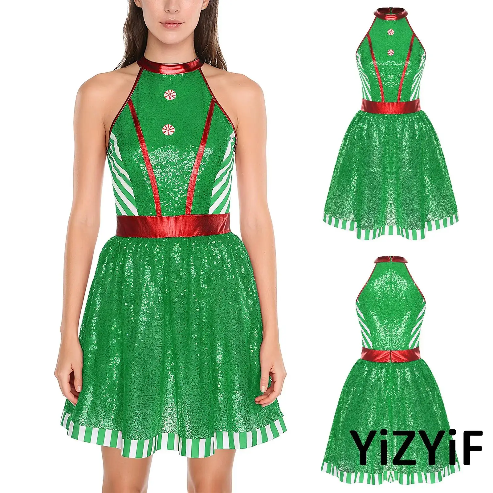 Womens Christmas Dress Halter Neck Sleeveless Color Block Shiny Sequins Tulle Dress Santa Dance Costume for Christmas Parties
Womens Christmas Dress Halter Neck Sleeveless Color Block Shiny Sequins Tulle Dress Santa Dance Costume for Christmas Parties