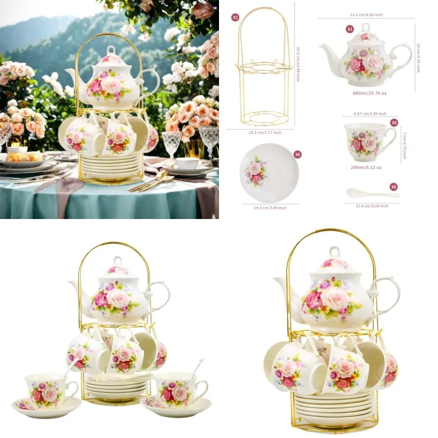 20-Pieces Porcelain Bone china Tea Sets, Gold Rim Coffee Set with Golden Metal Rack, Tea Gift Sets for HomeandParty
20-Pieces Porcelain Bone china Tea Sets, Gold Rim Coffee Set with Golden Metal Rack, Tea Gift Sets for HomeandParty