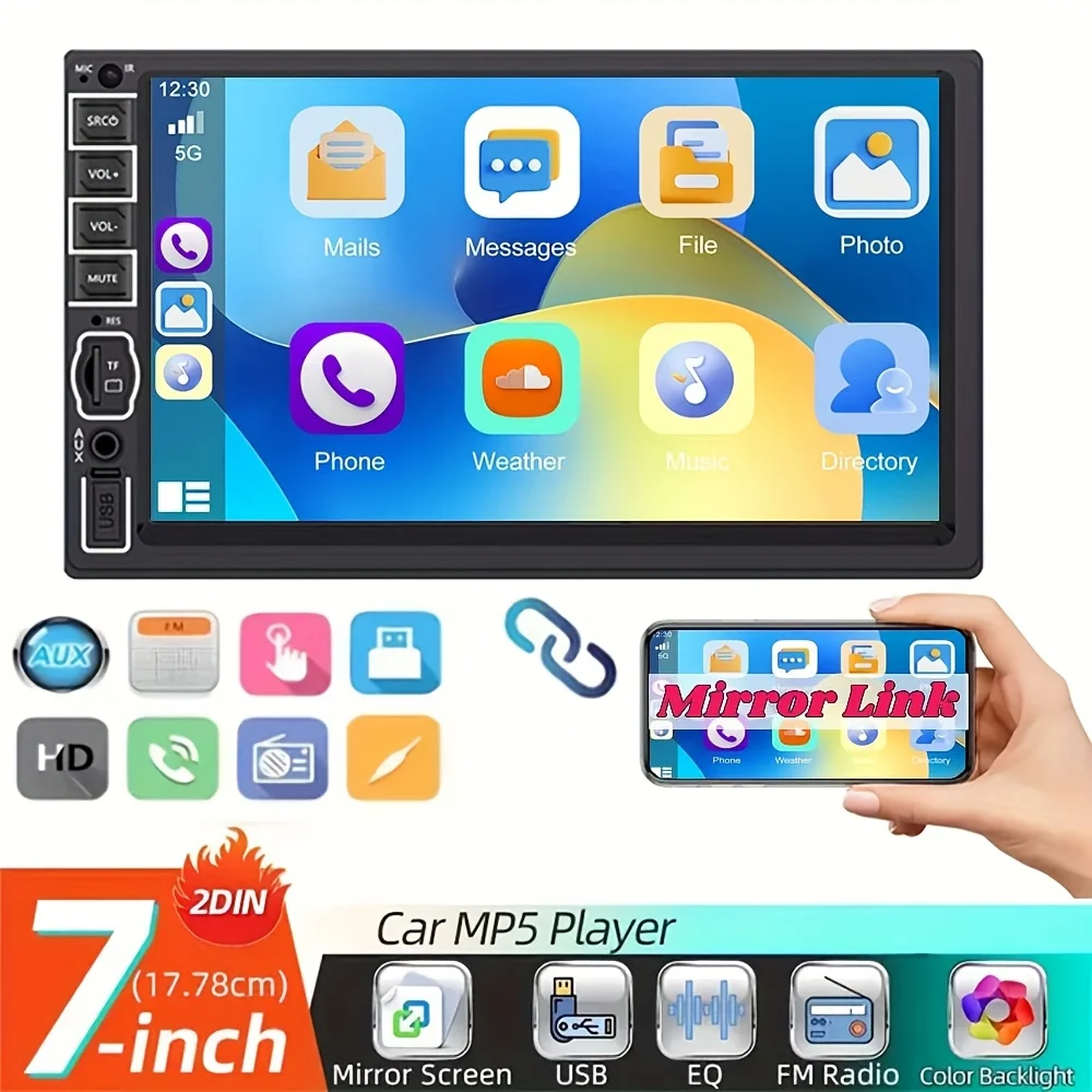 7-Inch 2 Din MP5 Multimedia Player with Mirror Link Support, Wireless Touchscreen, FM/USB/AUX,SD Card Functionality
7-Inch 2 Din MP5 Multimedia Player with Mirror Link Support, Wireless Touchscreen, FM/USB/AUX,SD Card Functionality