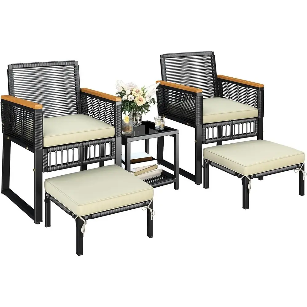 5-Piece Outdoor Patio Furniture Set with Wicker Rattan Chairs, Side Table, Ottomans, and Acacia Wood Armrests
5-Piece Outdoor Patio Furniture Set with Wicker Rattan Chairs, Side Table, Ottomans, and Acacia Wood Armrests