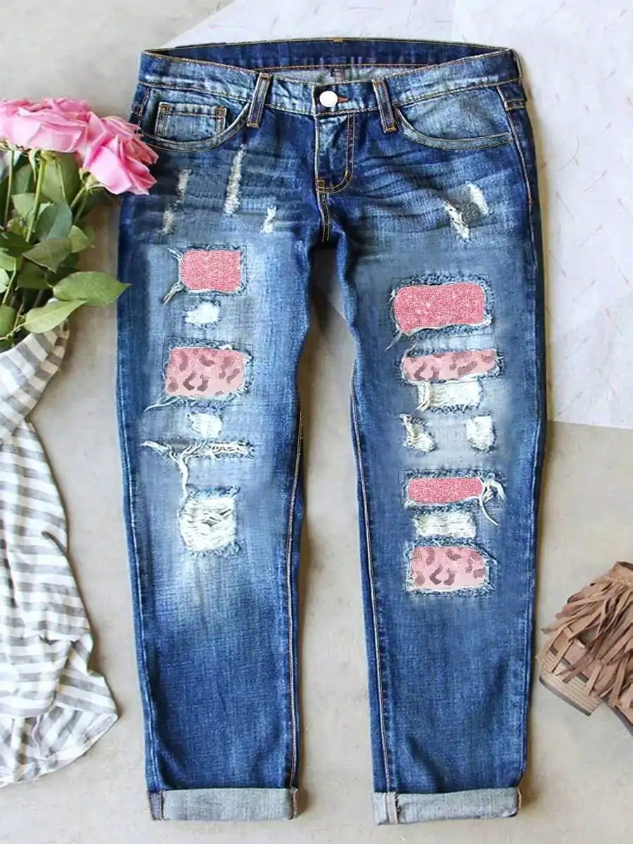Womens Plus Size Pink Leopard Patch Ripped High Waist Slim Fit Denim Jeans
Womens Plus Size Pink Leopard Patch Ripped High Waist Slim Fit Denim Jeans