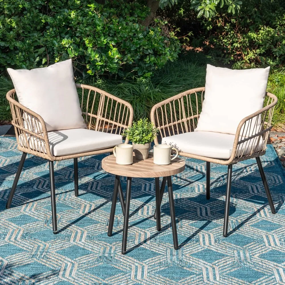 3-Piece Patio Bistro Set,Slatted Metal Side Table and 2 Wicker Chairs with Cushions PE Wicker Outdoor Furniture Conversation Set
3-Piece Patio Bistro Set,Slatted Metal Side Table and 2 Wicker Chairs with Cushions PE Wicker Outdoor Furniture Conversation Set
