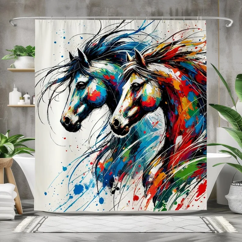 Colorful Horse Shower Curtain with Abstract Paint Splash Design, Twin Stallion Bathroom Art Bold Expressionist Polyester Curtain
Colorful Horse Shower Curtain with Abstract Paint Splash Design, Twin Stallion Bathroom Art Bold Expressionist Polyester Curtain
