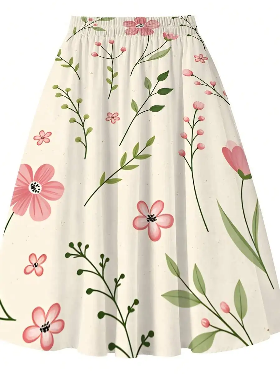 Oversized Floral Print Midi Skirt With Pink Flowers Green Leaves For Spring Summer Casual
Oversized Floral Print Midi Skirt With Pink Flowers Green Leaves For Spring Summer Casual
