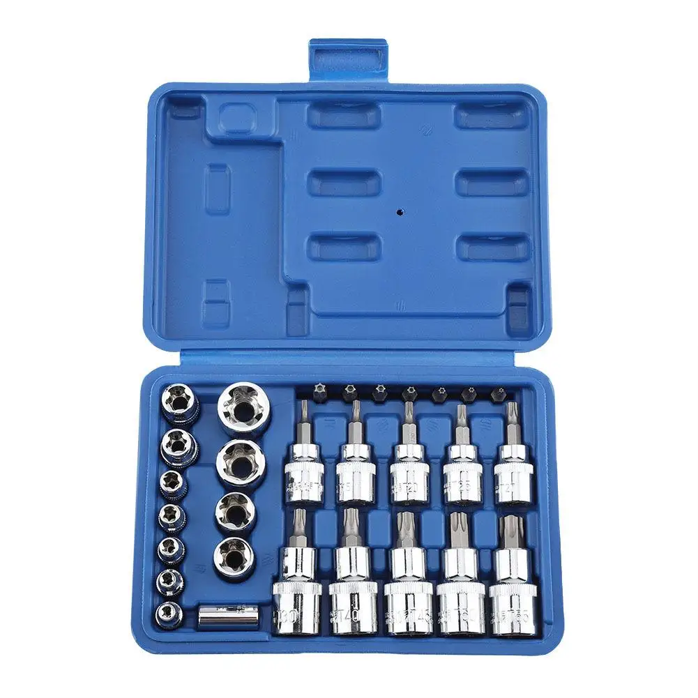 29Pcs Hard Steel Star Socket Tool Set Mechanical Repair Tool Adapter Bit Set for Home Garage Use
29Pcs Hard Steel Star Socket Tool Set Mechanical Repair Tool Adapter Bit Set for Home Garage Use